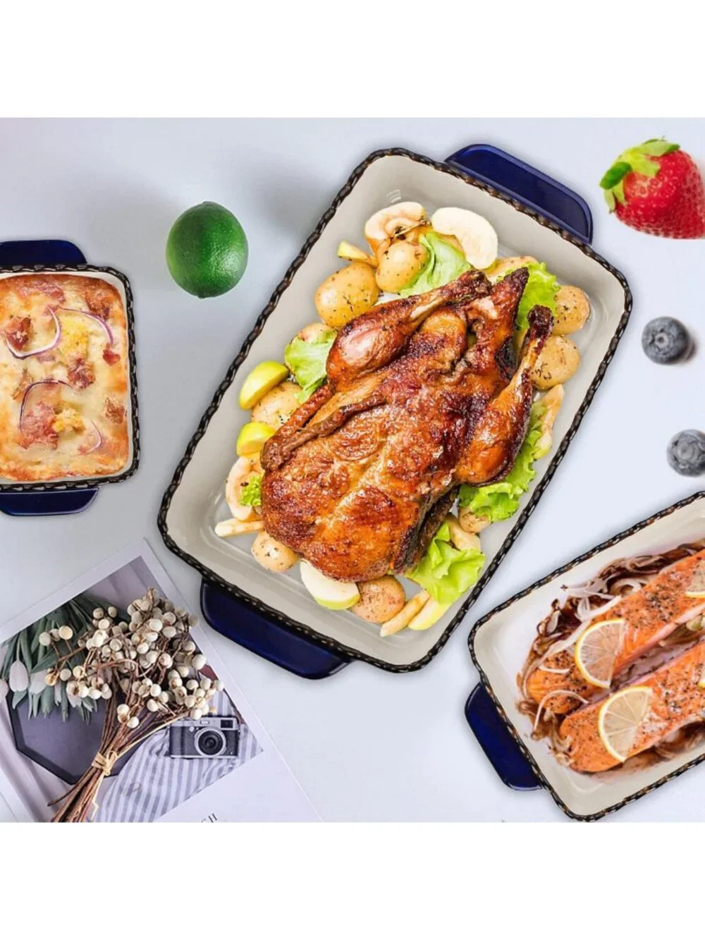 Ceramic Bakeware Set - 3 Rectangular Lasagna Pans for Casseroles & Cakes, Cobalt